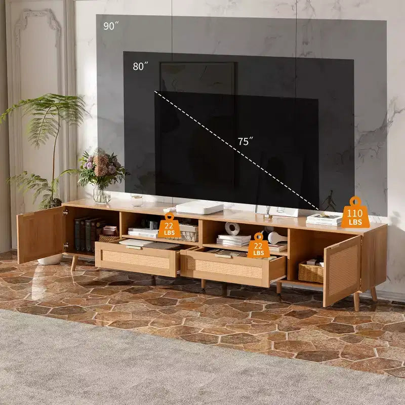 Meuble TV GDFStudio Darwin esprit ferme moderne en rotin tressé, pour TV jusqu'à 90'', avec pieds en bois massif