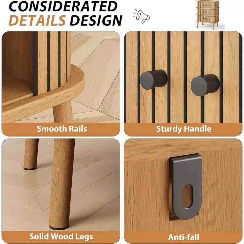Commode 3 tiroirs de style scandinave, commode en bois avec façades en cannage et poignées noires pour chambre à coucher, chêne
