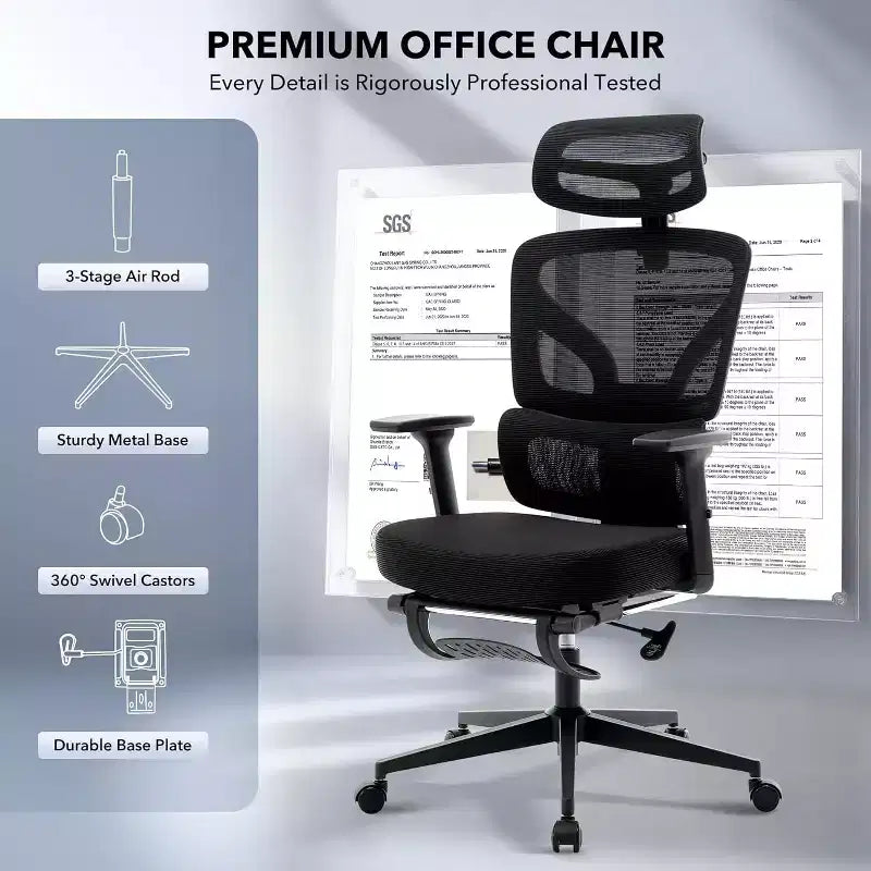 Fauteuil de bureau ergonomique avec repose-pieds réglable, soutien lombaire, fauteuil de bureau à domicile à dossier haut, fauteuil de jeu en maille avec accoudoirs 3D, appui-tête
