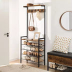 ACOINEL Hall Tree with Bench, Industrial Coat Rack & 5-Tier Shoe Storage, 5 Hooks Holds 12-16 Pairs Shoes for Entryway, Hallway, Foyer