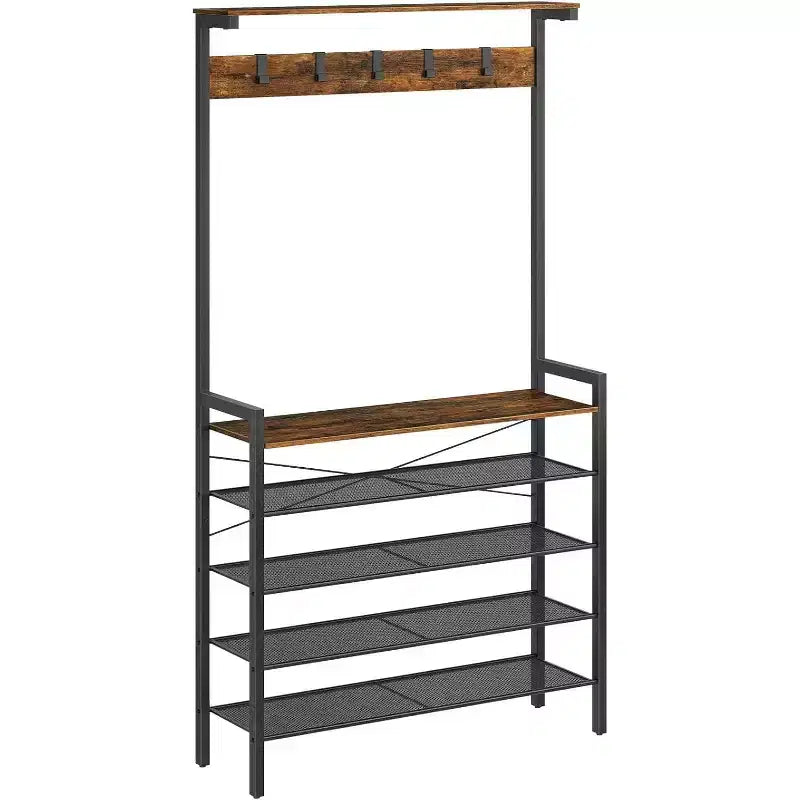 Porte-manteau ACOINEL avec banc, porte-manteau industriel et rangement à chaussures 5 niveaux, 5 crochets pouvant contenir 12 à 16 paires de chaussures pour entrée, couloir, vestibule