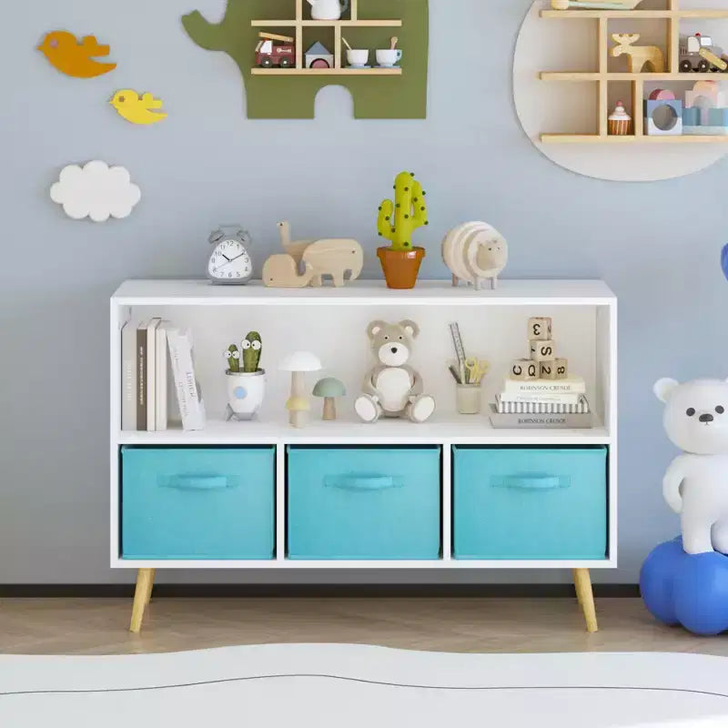 Kids bookcase with Collapsible Fabric Drawers, Children's Book Display, Toy Storage Cabinet Organizer, White/Blue