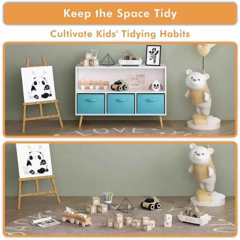 Étagère à livres pour enfants avec tiroirs en tissu pliables, présentoir à livres pour enfants, meuble de rangement de jouets, blanc/bleu