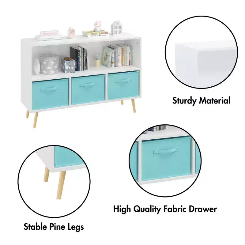 Étagère à livres pour enfants avec tiroirs en tissu pliables, présentoir à livres pour enfants, meuble de rangement de jouets, blanc/bleu