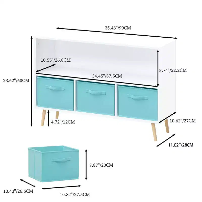 Étagère à livres pour enfants avec tiroirs en tissu pliables, présentoir à livres pour enfants, meuble de rangement de jouets, blanc/bleu