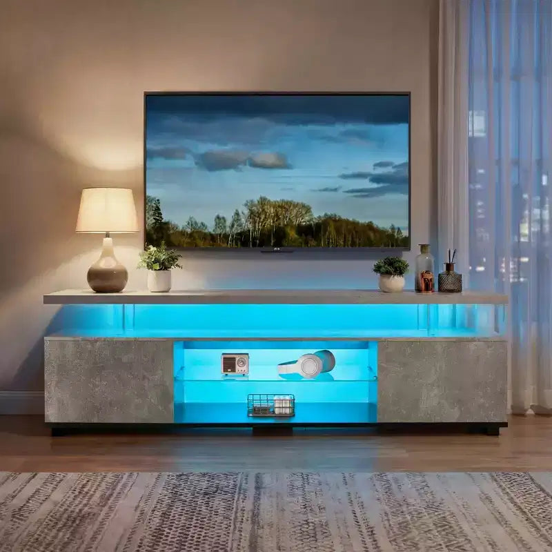 Meuble TV JVNOXK pour téléviseur de 55 pouces, meuble de divertissement LED pour jeux, console de rangement multimédia avec grand placard latéral pour salon (gris+noir)