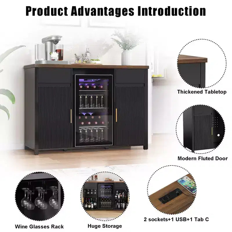 Meuble de bar à café GDLF avec espace pour réfrigérateur, buffet desserte avec mini-réfrigérateur 53,2 L Noir