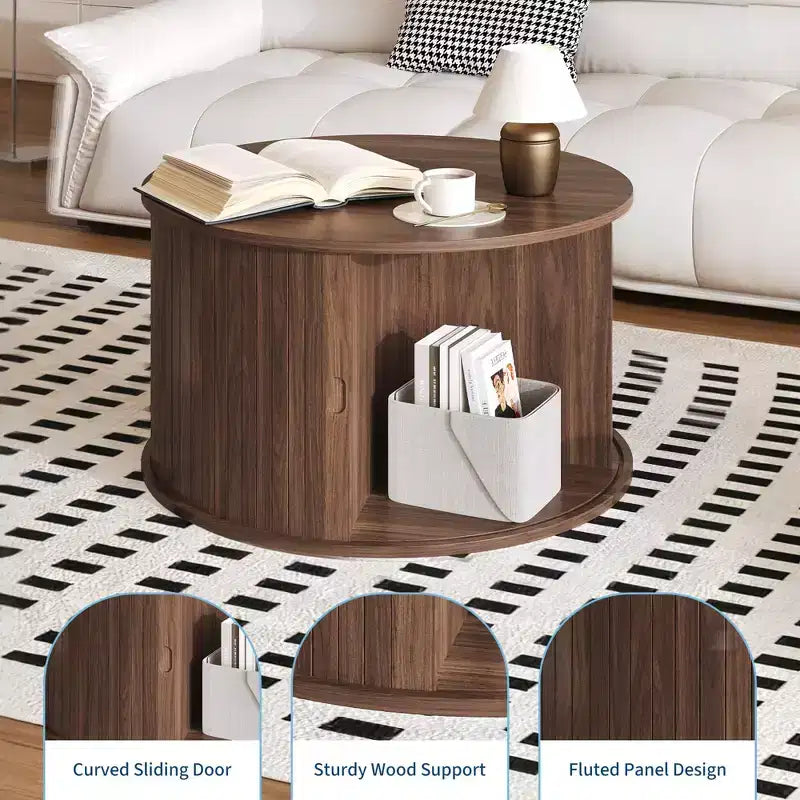 Table basse ronde avec rangement, table basse avec panneau cannelé et porte coulissante incurvée, étagère de présentation ouverte, table d'appoint moderne en bois