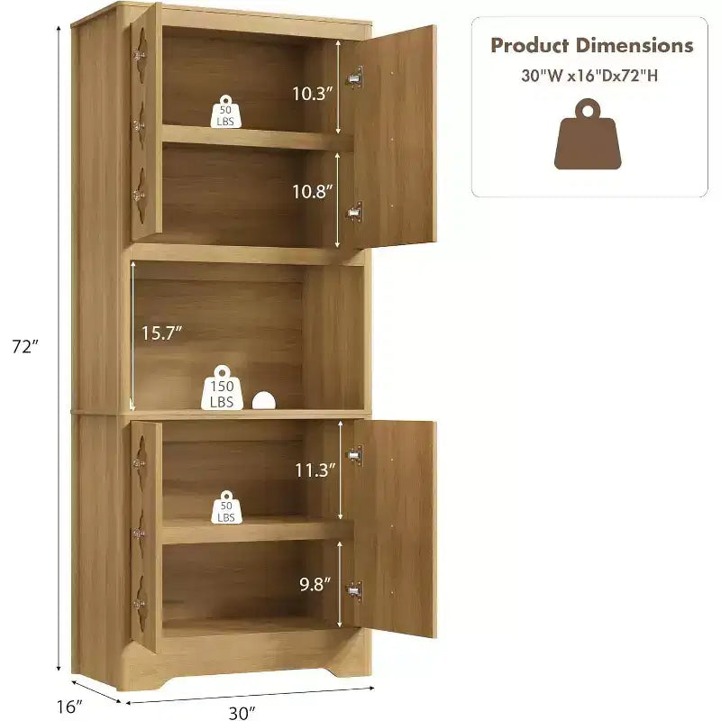Garde-manger haut de cuisine de 72 po – Armoire vaisselier autoportante en bois avec porte sculptée et poignée en cristal pour salle à manger/salon