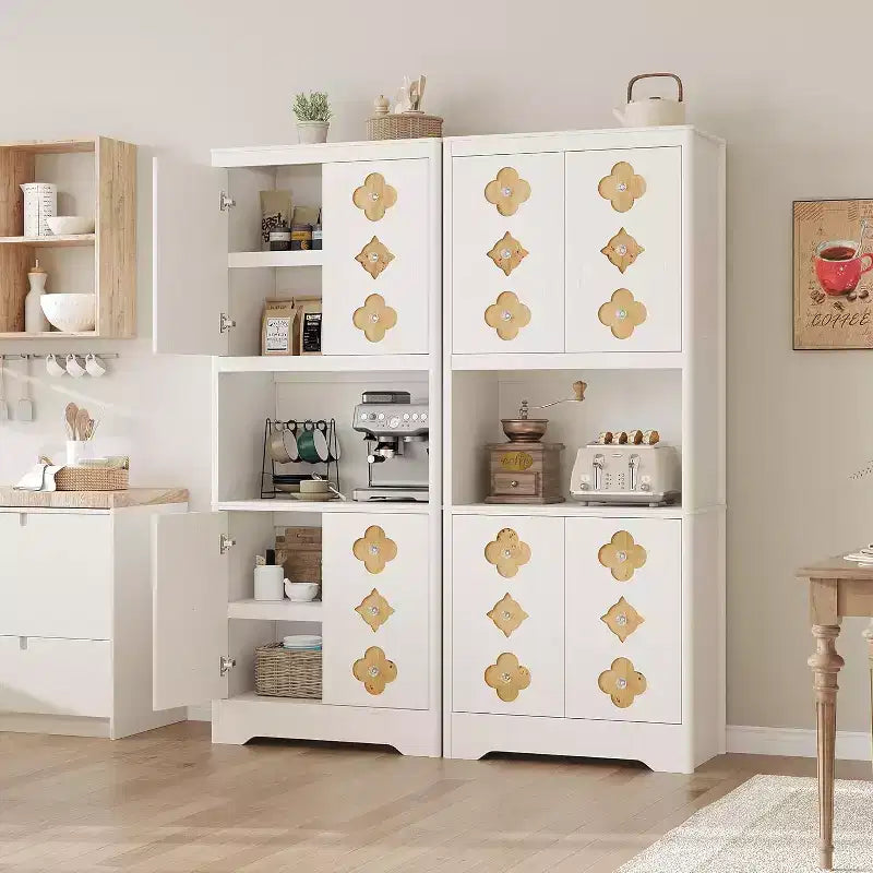 Garde-manger haut de cuisine de 72 po – Armoire vaisselier autoportante en bois avec porte sculptée et poignée en cristal pour salle à manger/salon
