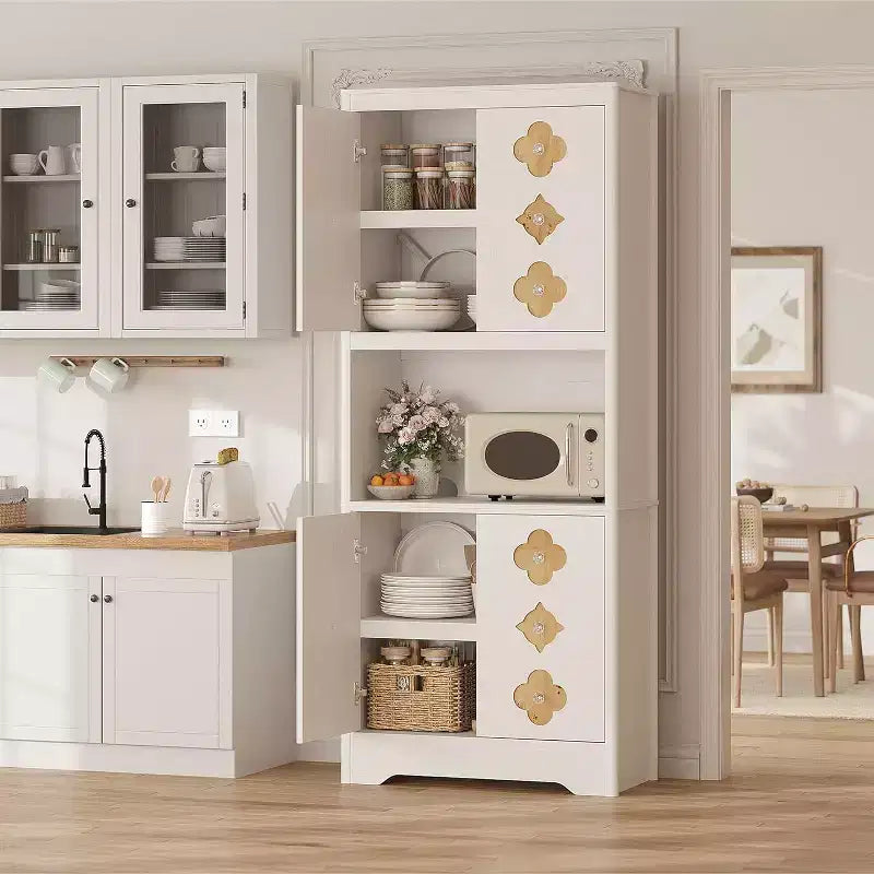 Garde-manger haut de cuisine de 72 po – Armoire vaisselier autoportante en bois avec porte sculptée et poignée en cristal pour salle à manger/salon
