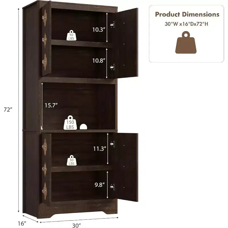 Garde-manger haut de cuisine de 72 po – Armoire vaisselier autoportante en bois avec porte sculptée et poignée en cristal pour salle à manger/salon