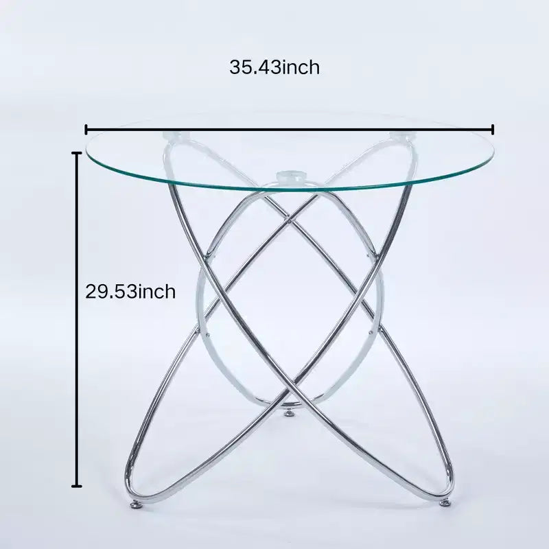 Table à manger avec pied en métal chromé et plateau en verre trempé, design moderne et compact pour la cuisine ou le salon