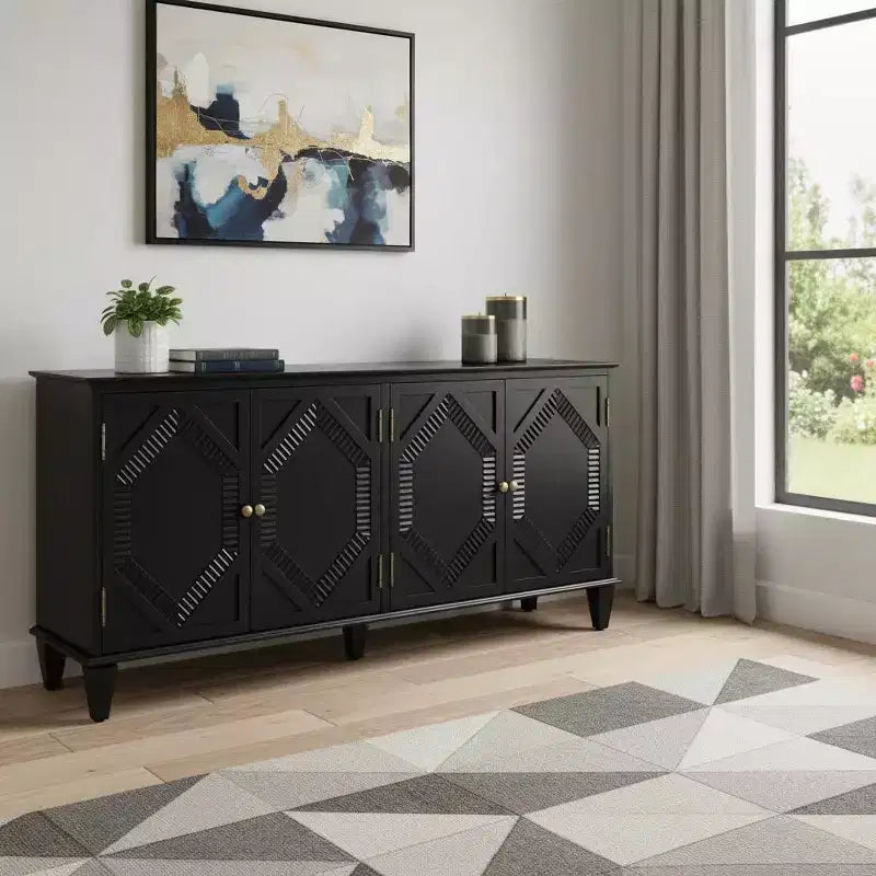 HomeRoots 66 Armoire d'appoint géométrique en bois sculpté noir avec quatre portes