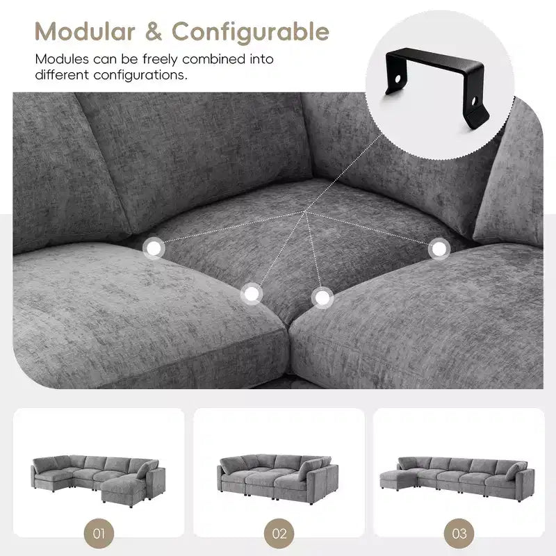 Whisen Canapé modulable 129 places en forme de U, en chenille, avec ottoman, canapé-lit convertible, mousse haute densité