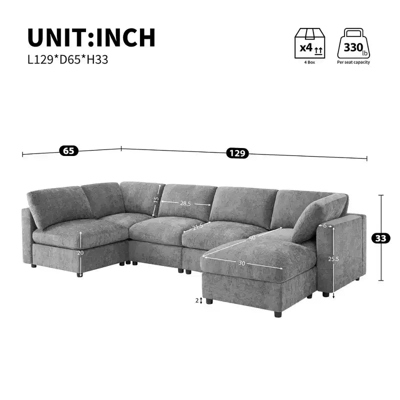 Whisen Canapé modulable 129 places en forme de U, en chenille, avec ottoman, canapé-lit convertible, mousse haute densité