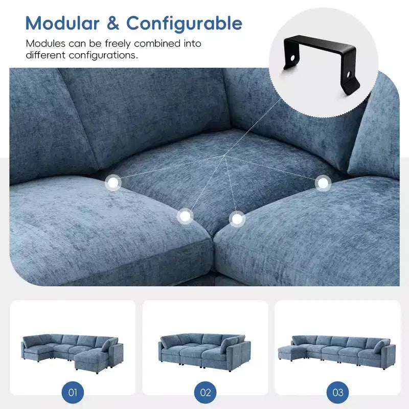 Whisen Canapé modulable 129 places en forme de U, en chenille, avec ottoman, canapé-lit convertible, mousse haute densité
