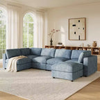 Whisen 129 Modular Sectional Sofa, 6 Seat U-Shaped Chenille Couch Cloud Sofa Bed, Convertible Sleeper Sofa with Ottoman, High Density Foam