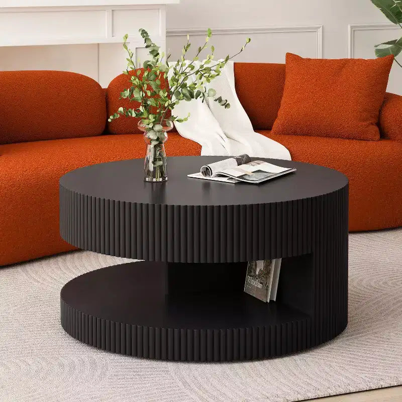 JVNOXK Table basse ronde moderne de 80 cm, table d'appoint à rayures verticales avec étagère ouverte, convient pour la chambre ou le salon, noire