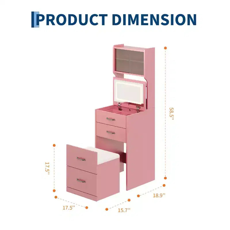 Coiffeuse compacte, Coiffeuse de maquillage avec miroir, Ensemble de coiffeuse, Petite coiffeuse et chaise de rangement pour filles
