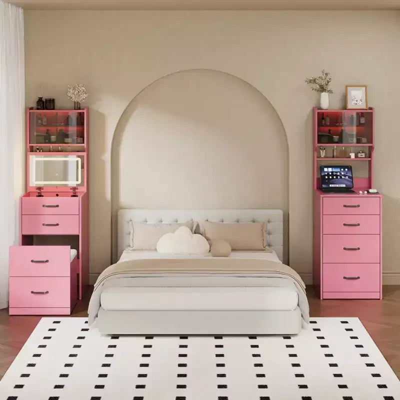 Coiffeuse compacte, Coiffeuse de maquillage avec miroir, Ensemble de coiffeuse, Petite coiffeuse et chaise de rangement pour filles