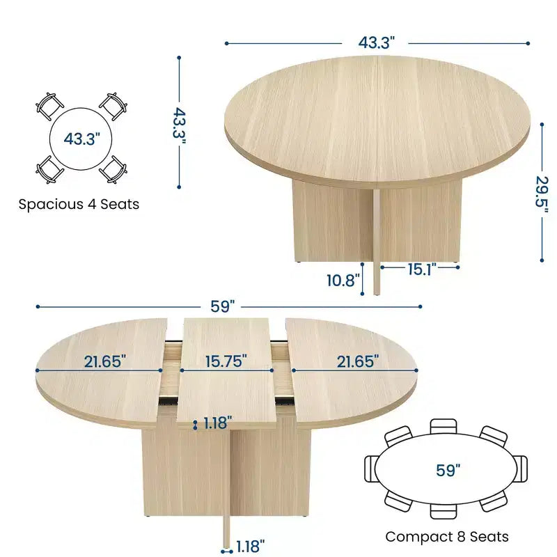 Table à manger extensible élégante, se transforme de ronde à ovale (43,3-59), peut accueillir confortablement 4 à 8 personnes