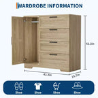 Armoire-penderie, 110 cm de hauteur, en bois, avec 4 tiroirs et une tringle de suspension, chêne gris naturel
