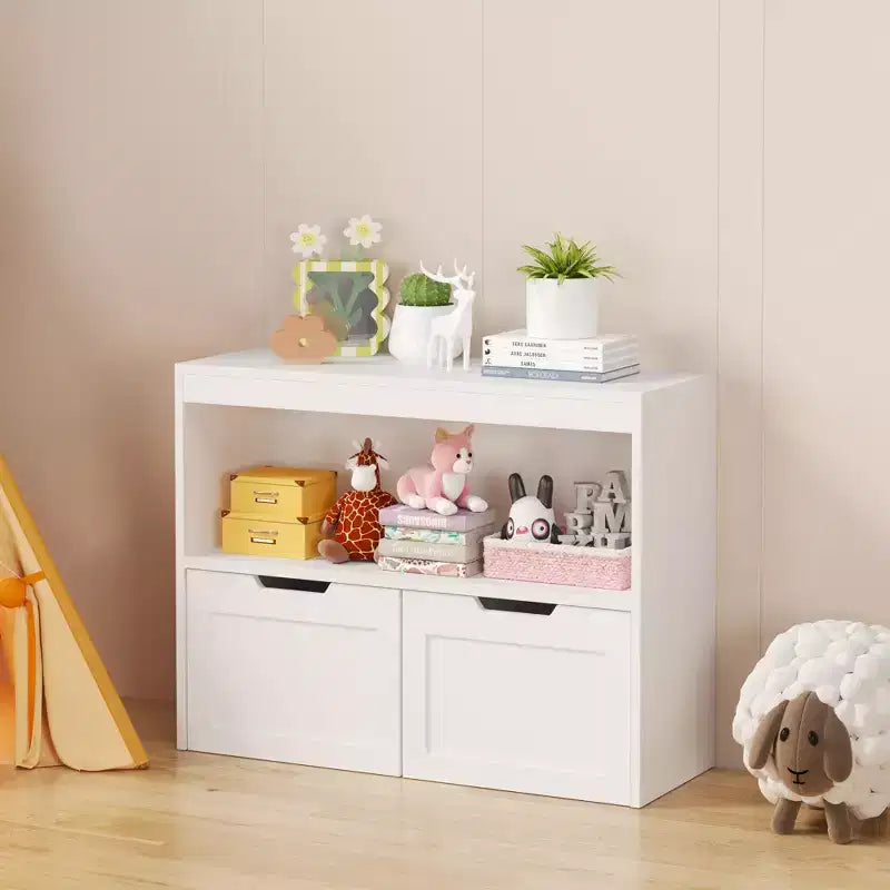 Meuble de rangement multifonctionnel JVNOXK avec 2 tiroirs et étagères ouvertes, offrant un grand espace de rangement, le choix parfait pour votre salon, Blanc