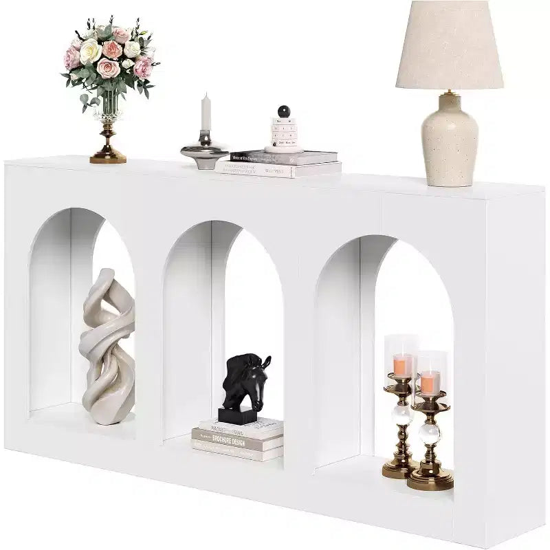 Lantine Console étroite moderne blanche de 180 cm pour entrée, salon, couloir, derrière un canapé, foyer, porte d'entrée.
