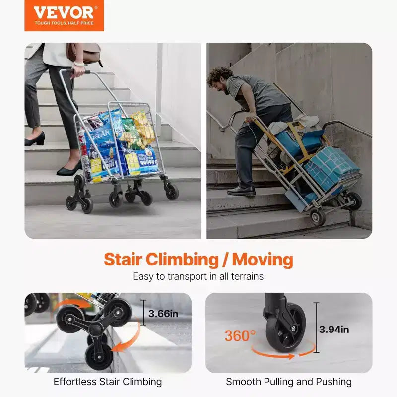 Chariot de rangement d'escalier VIYET 45L, roues pivotantes à 360°, roues triples, chariot utilitaire léger pliable pour la lessive et les voyages, argent