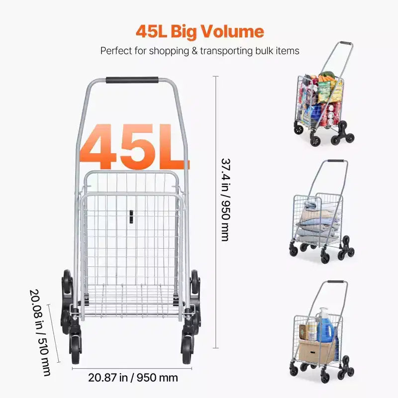 Chariot de rangement d'escalier VIYET 45L, roues pivotantes à 360°, roues triples, chariot utilitaire léger pliable pour la lessive et les voyages, argent