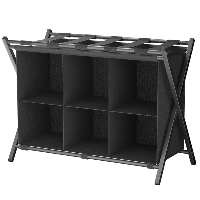 Porte-bagages Narwey pour chambre d'amis, support de valise pliable avec étagère de rangement en tissu à 6 cubes, porte-bagages, support de bagages pliable en acier