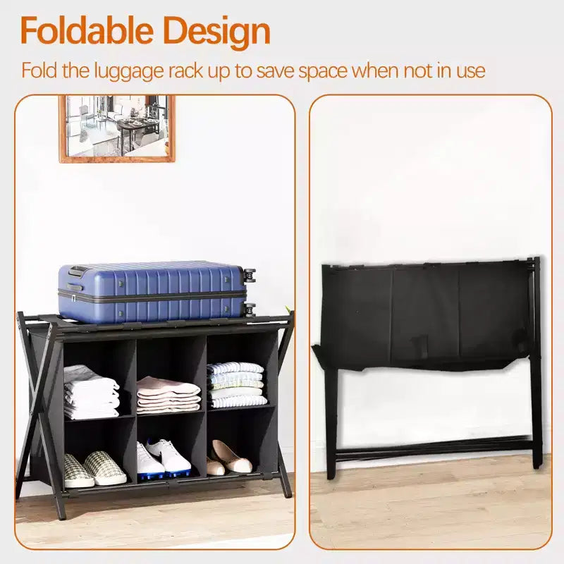 Porte-bagages Narwey pour chambre d'amis, support de valise pliable avec étagère de rangement en tissu à 6 cubes, porte-bagages, support de bagages pliable en acier