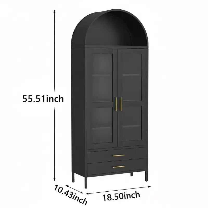 Armoire de cuisine haute de 140 cm, vitrine arquée avec portes vitrées, 2 tiroirs et étagères réglables pour salon, salle à manger