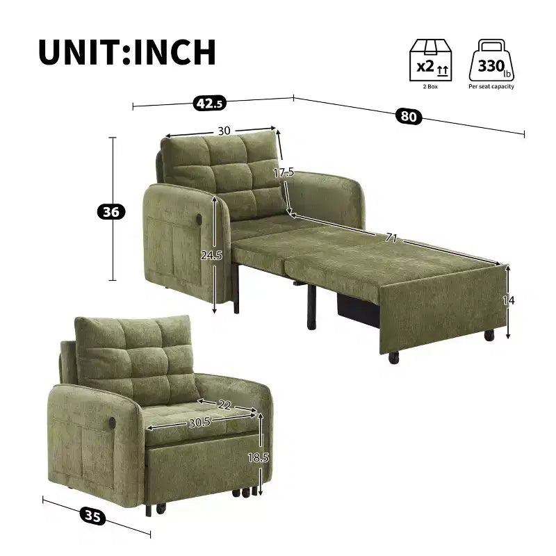 Fauteuil d'appoint moderne avec chaise longue gigogne, fauteuil-lit 3-en-1, lit de canapé simple pour salon, appartement ou bureau-Panipeachy
