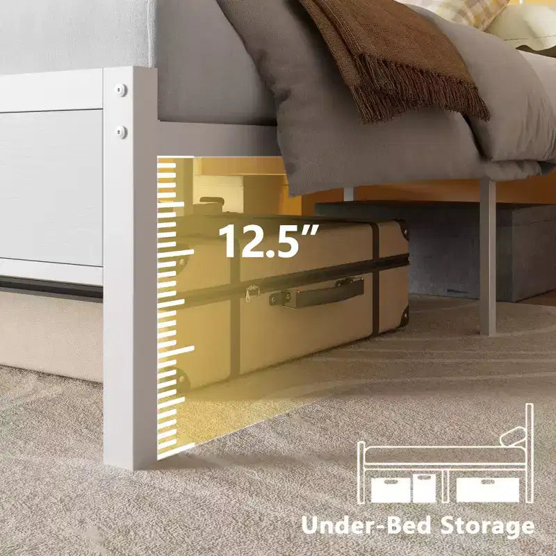 Cadre de lit plateforme double blanc avec tête de lit bibliothèque de rangement, lumières LED, station de recharge, support métallique, aucun sommier tapissier requis, chambre d'enfants/dortoir