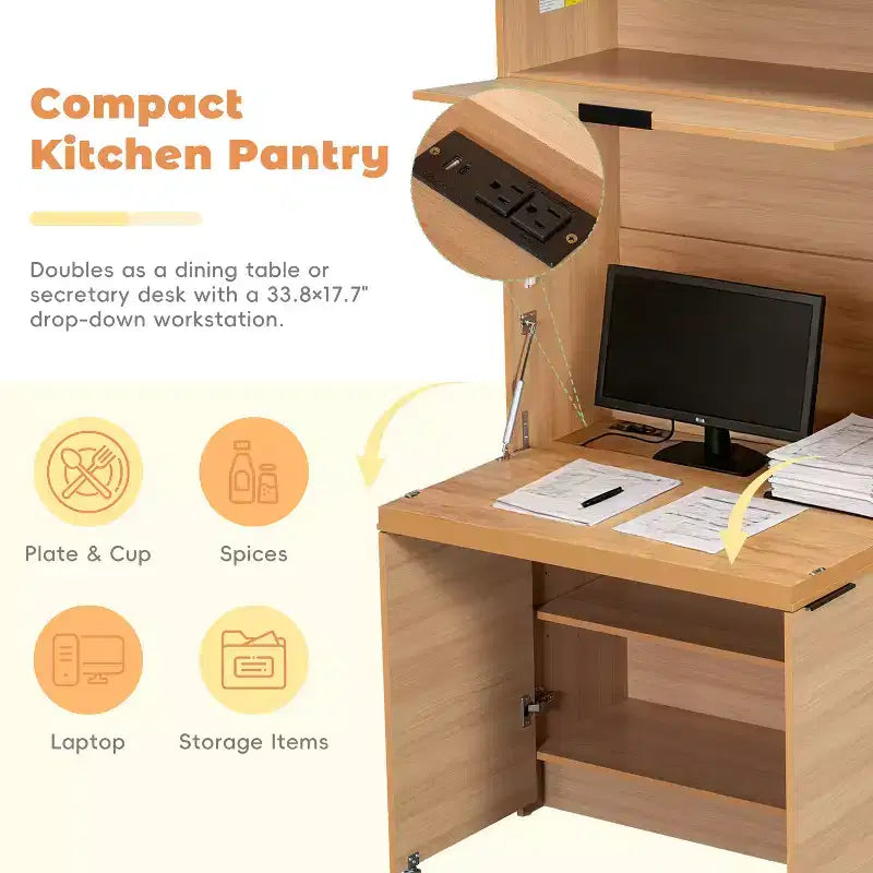 GDFStudio Miguel Garde-manger de cuisine polyvalent avec huche, poste de travail pliable et prise de courant