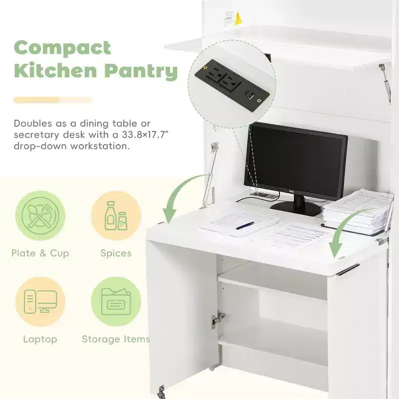 GDFStudio Miguel Garde-manger de cuisine polyvalent avec huche, poste de travail pliable et prise de courant