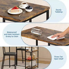 Ensemble de table de cuisine 3 pièces avec étagères de rangement et 2 chaises rembourrées - Table à manger en fer et bois pour petits espaces, appartements, copropriétés