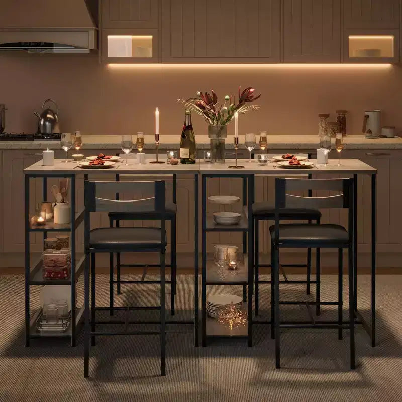 Ensemble de table de cuisine 3 pièces avec étagères de rangement et 2 chaises rembourrées - Table à manger en fer et bois pour petits espaces, appartements, copropriétés