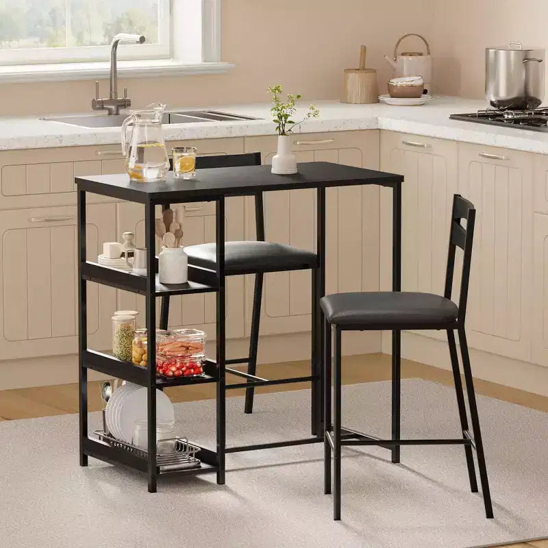 Ensemble de table de cuisine 3 pièces avec étagères de rangement et 2 chaises rembourrées - Table à manger en fer et bois pour petits espaces, appartements, copropriétés