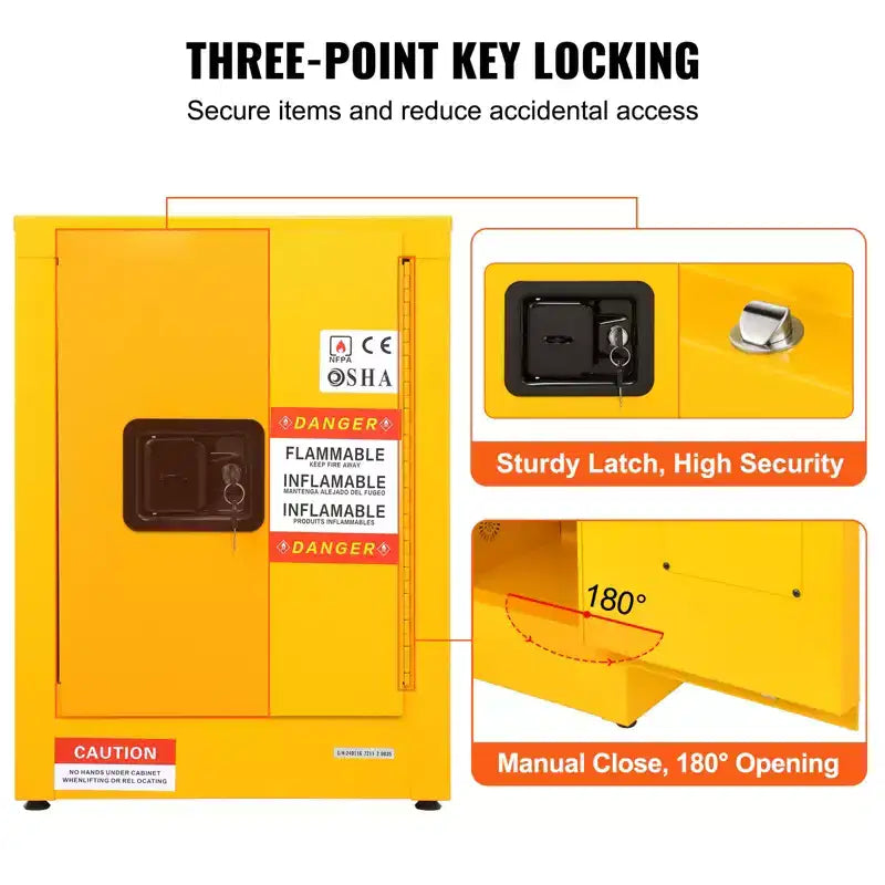 Armoire de sécurité pour produits inflammables VEVOR, 12 gallons, armoire de stockage de liquides inflammables en acier laminé à froid, 42,9 x 42,9 x 55,9 cm, antidéflagrante, jaune
