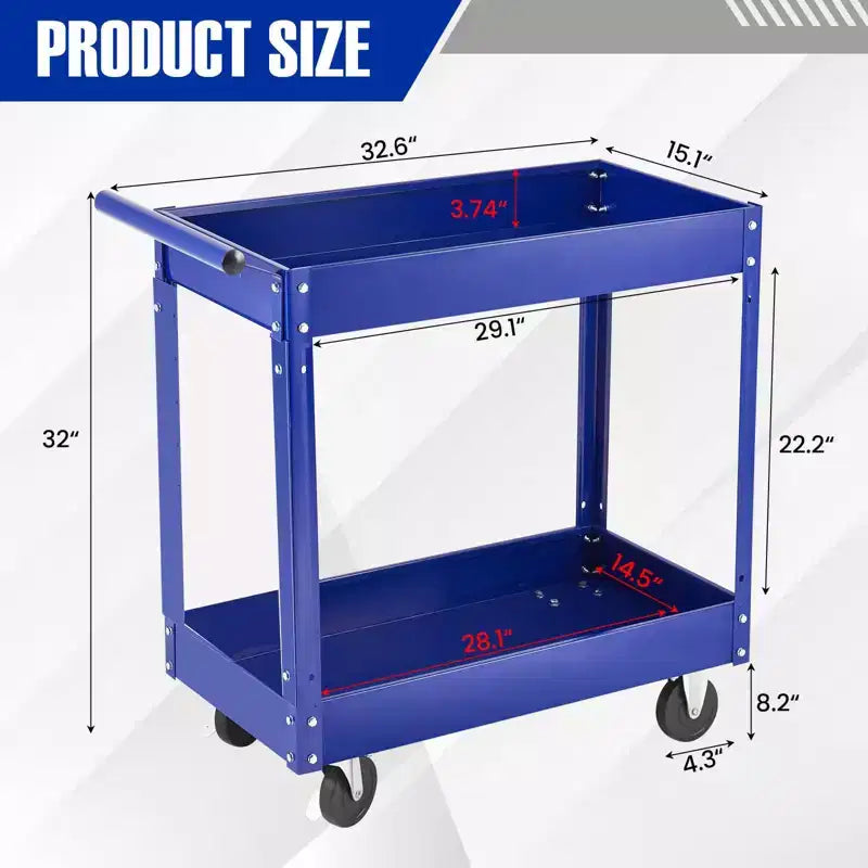 Chariot de service à 2 niveaux extra large et robuste en acier au carbone, capacité de 136 kg, étagères profondes, chariot roulant avec poignée pour garage, atelier