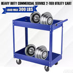 Chariot de service à 2 niveaux extra large et robuste en acier au carbone, capacité de 136 kg, étagères profondes, chariot roulant avec poignée pour garage, atelier