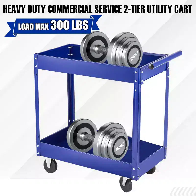 Chariot de service à 2 niveaux extra large et robuste en acier au carbone, capacité de 136 kg, étagères profondes, chariot roulant avec poignée pour garage, atelier