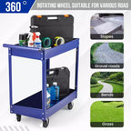 Chariot de service à 2 niveaux extra large et robuste en acier au carbone, capacité de 136 kg, étagères profondes, chariot roulant avec poignée pour garage, atelier