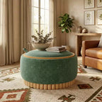 Polibi Pouf de rangement rond avec base cylindrique en bois massif et couvercle réversible