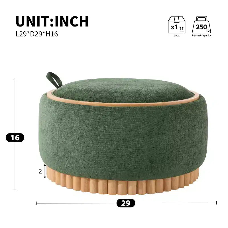 Polibi Pouf de rangement rond avec base cylindrique en bois massif et couvercle réversible