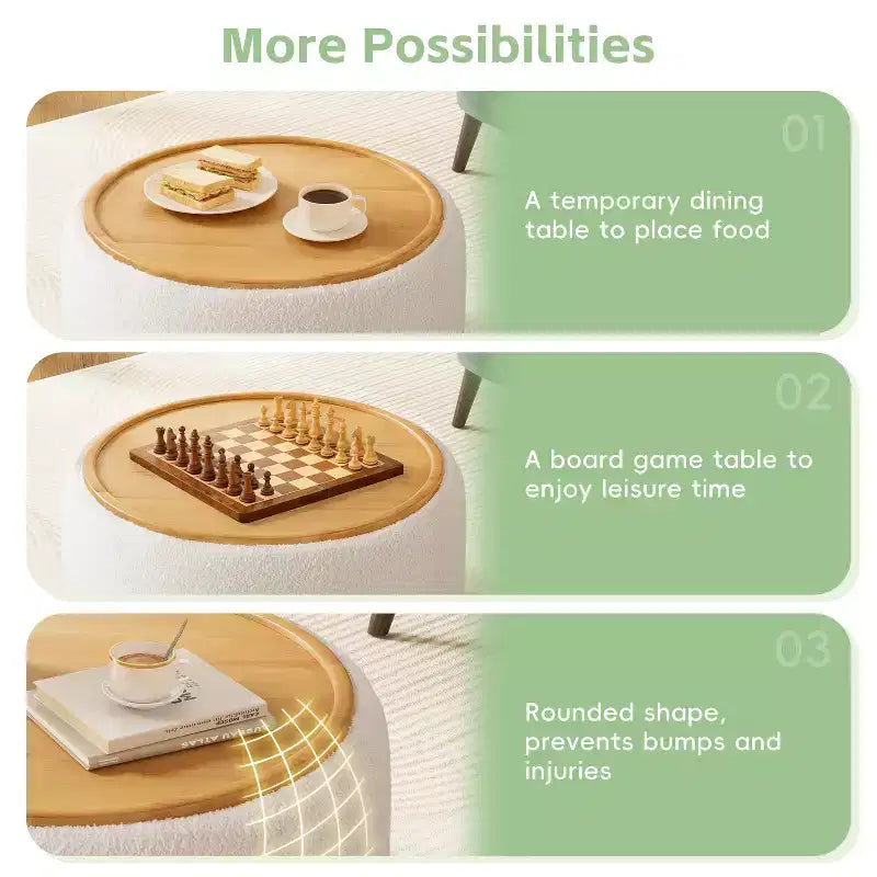 Polibi Pouf de rangement rond avec base cylindrique en bois massif et couvercle réversible