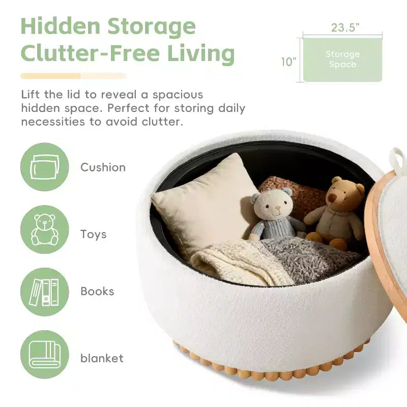 Polibi Pouf de rangement rond avec base cylindrique en bois massif et couvercle réversible